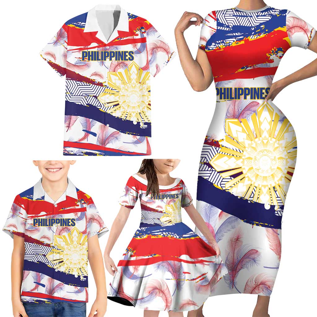 Philippines Sun Tattoo Family Matching Short Sleeve Bodycon Dress and Hawaiian Shirt Feathers Filipinas Grunge Style White LT14 - Polynesian Pride