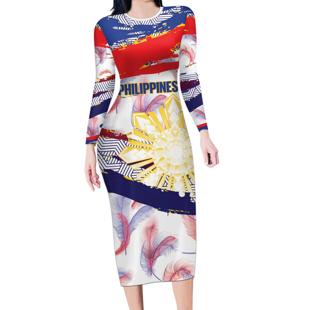 Philippines Sun Tattoo Long Sleeve Bodycon Dress Feathers Filipinas Grunge Style White LT14 Long Dress White - Polynesian Pride