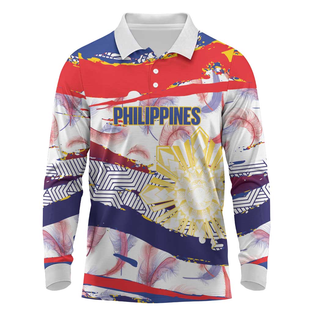 Philippines Sun Tattoo Long Sleeve Polo Shirt Feathers Filipinas Grunge Style White LT14 White - Polynesian Pride