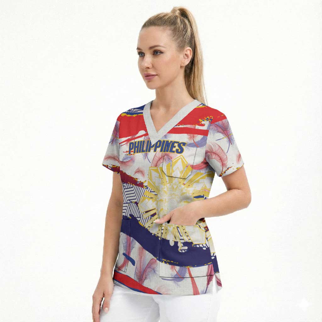 Philippines Sun Tattoo Scrub Top Feathers Filipinas Grunge Style White LT14 - Polynesian Pride