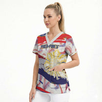 Philippines Sun Tattoo Scrub Top Feathers Filipinas Grunge Style White LT14 - Polynesian Pride