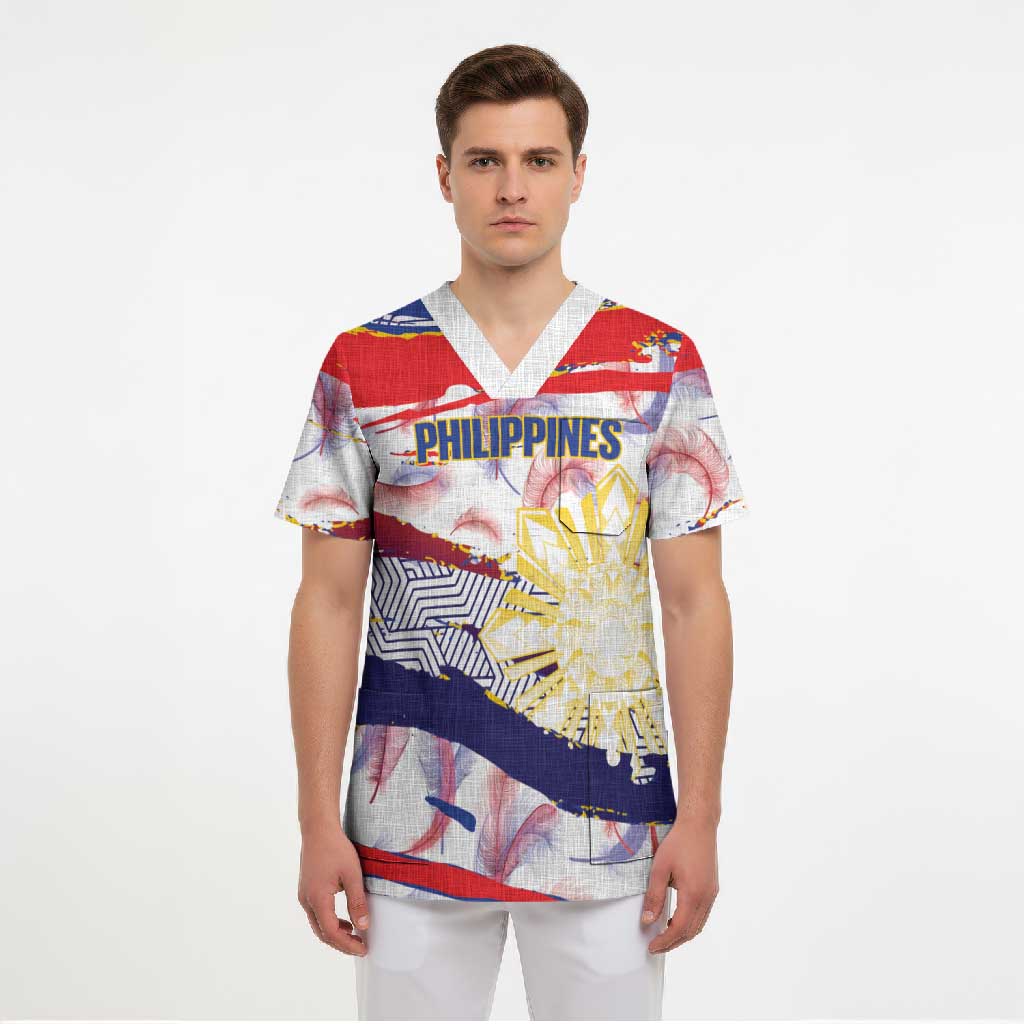 Philippines Sun Tattoo Scrub Top Feathers Filipinas Grunge Style White LT14 - Polynesian Pride