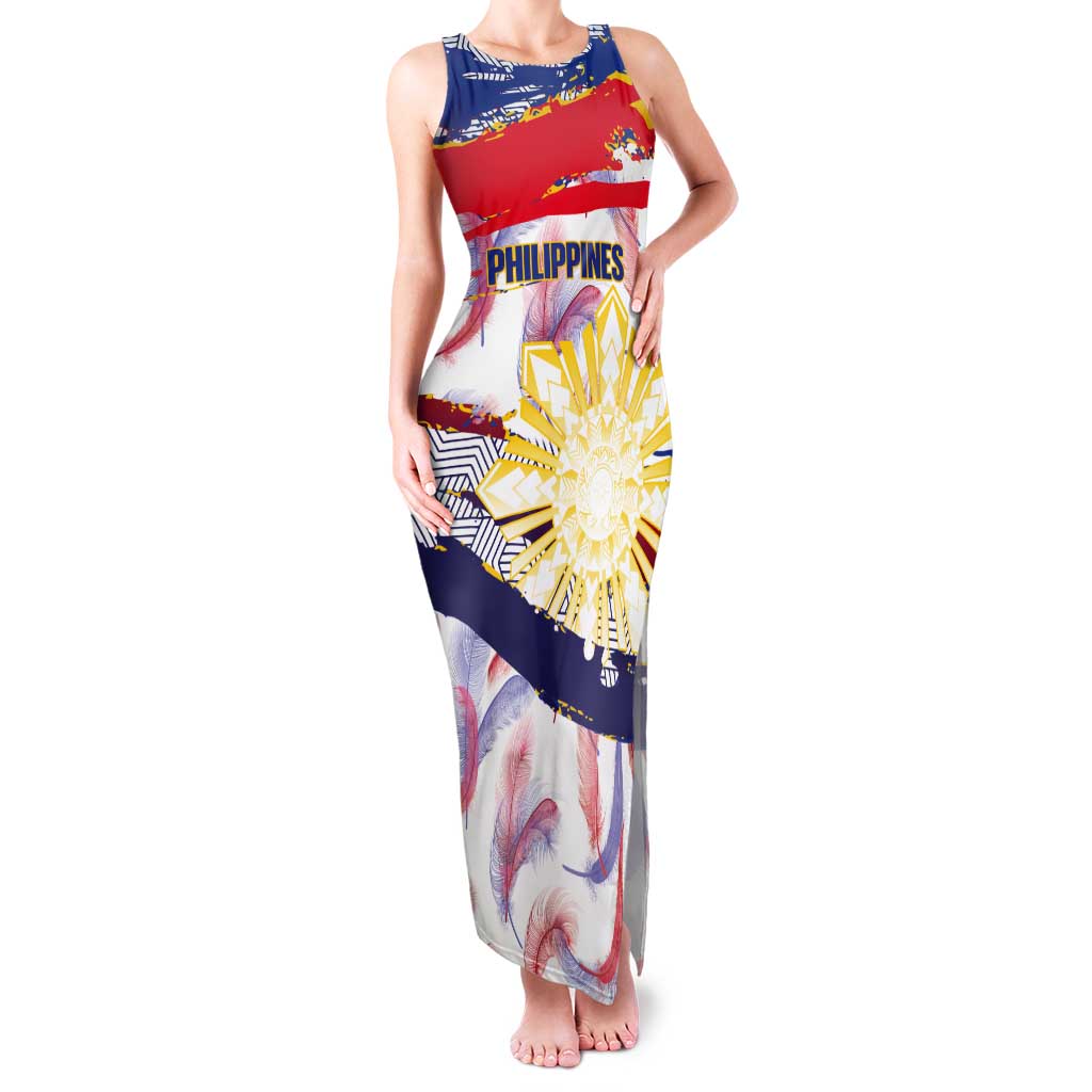 Philippines Sun Tattoo Tank Maxi Dress Feathers Filipinas Grunge Style White LT14 Women White - Polynesian Pride