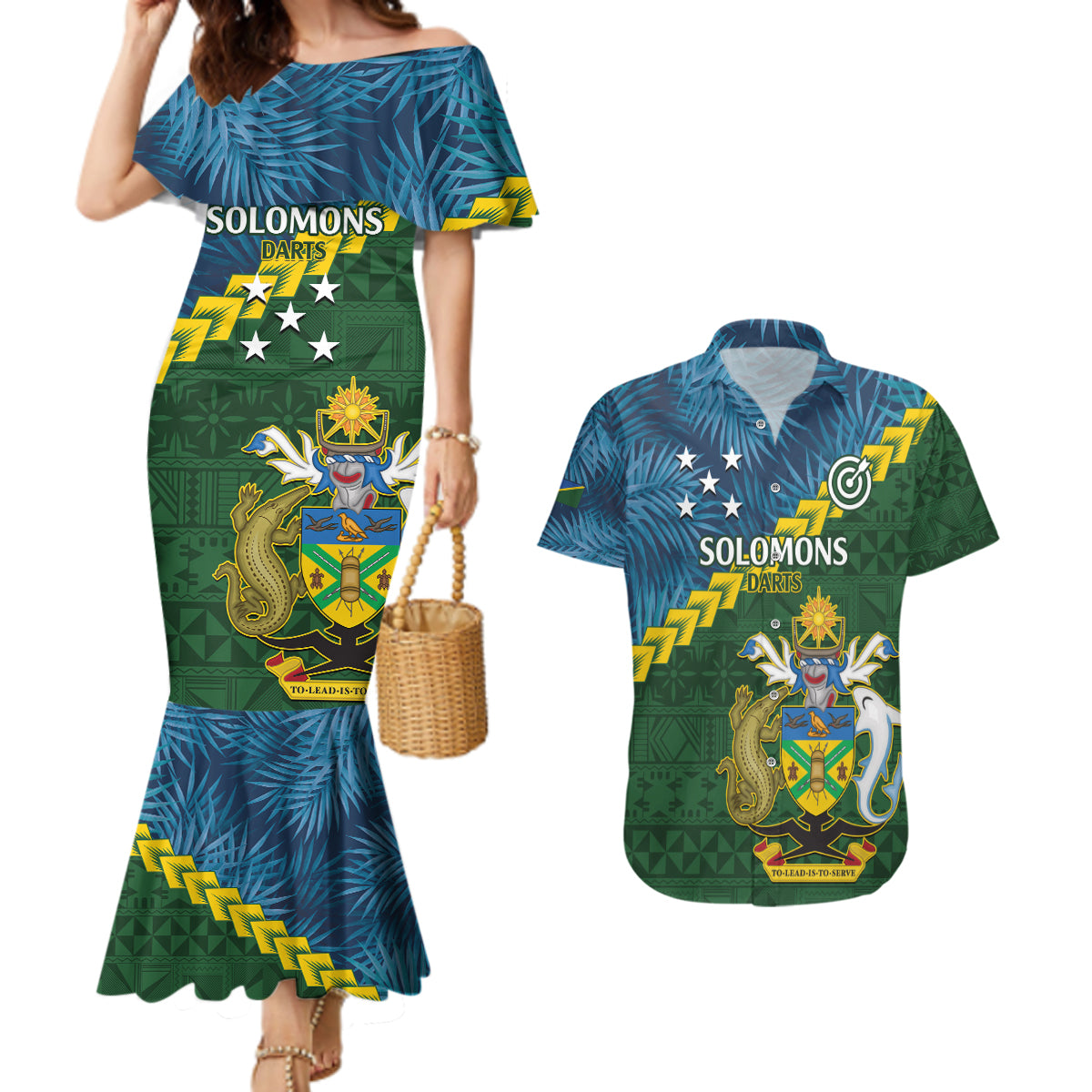 Personalised Solomon Islands Darts Couples Matching Mermaid Dress and Hawaiian Shirt Tropical Leaves Melanesian Pattern