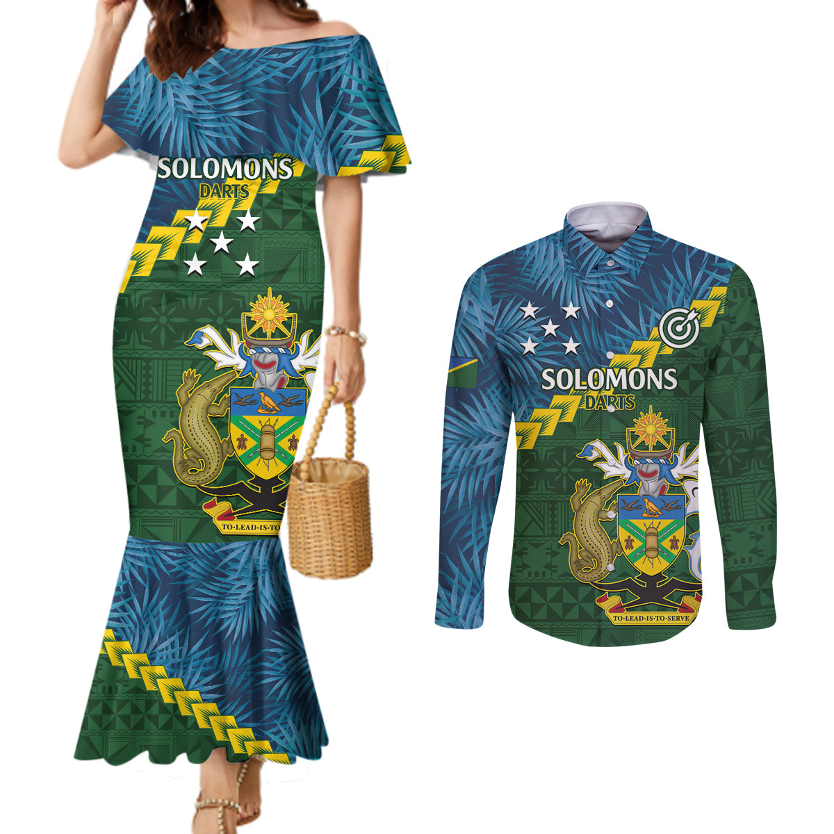 Personalised Solomon Islands Darts Couples Matching Mermaid Dress and Long Sleeve Button Shirt Tropical Leaves Melanesian Pattern