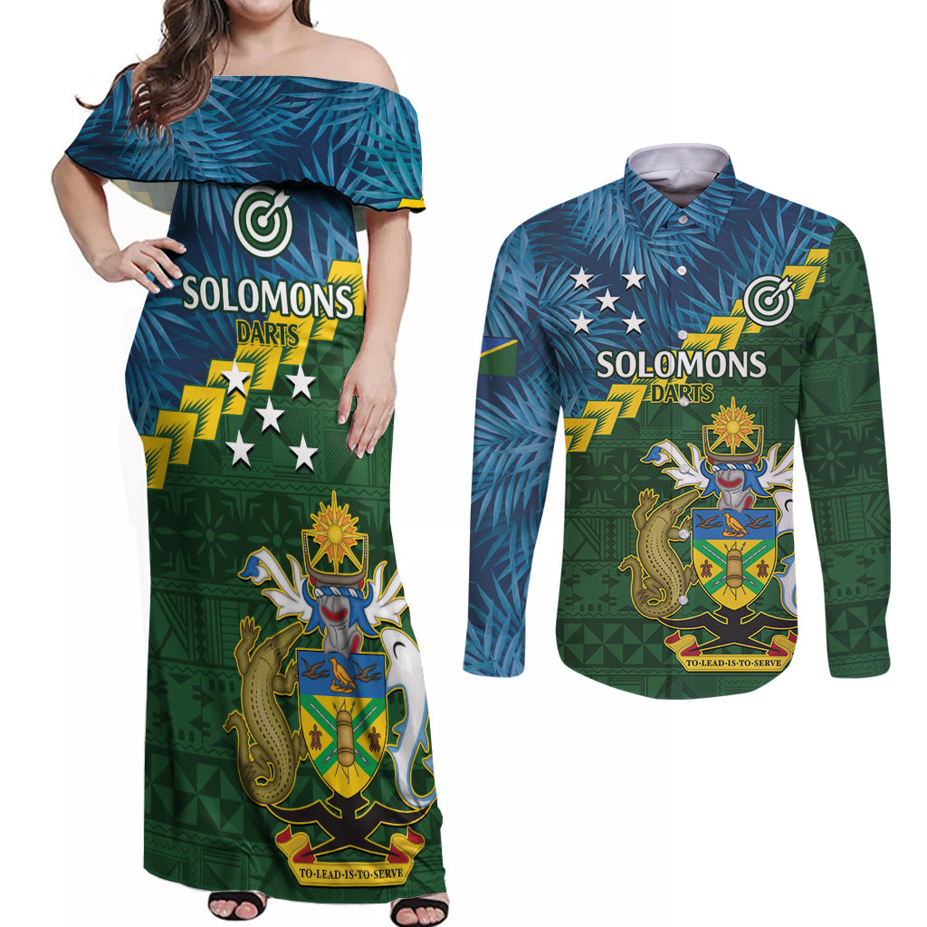 Personalised Solomon Islands Darts Couples Matching Off Shoulder Maxi Dress and Long Sleeve Button Shirt Tropical Leaves Melanesian Pattern