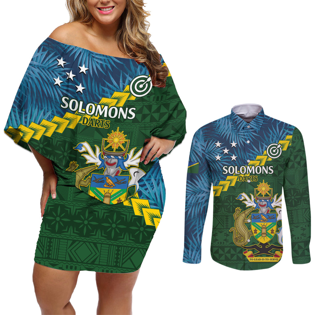 Personalised Solomon Islands Darts Couples Matching Off Shoulder Short Dress and Long Sleeve Button Shirt Tropical Leaves Melanesian Pattern