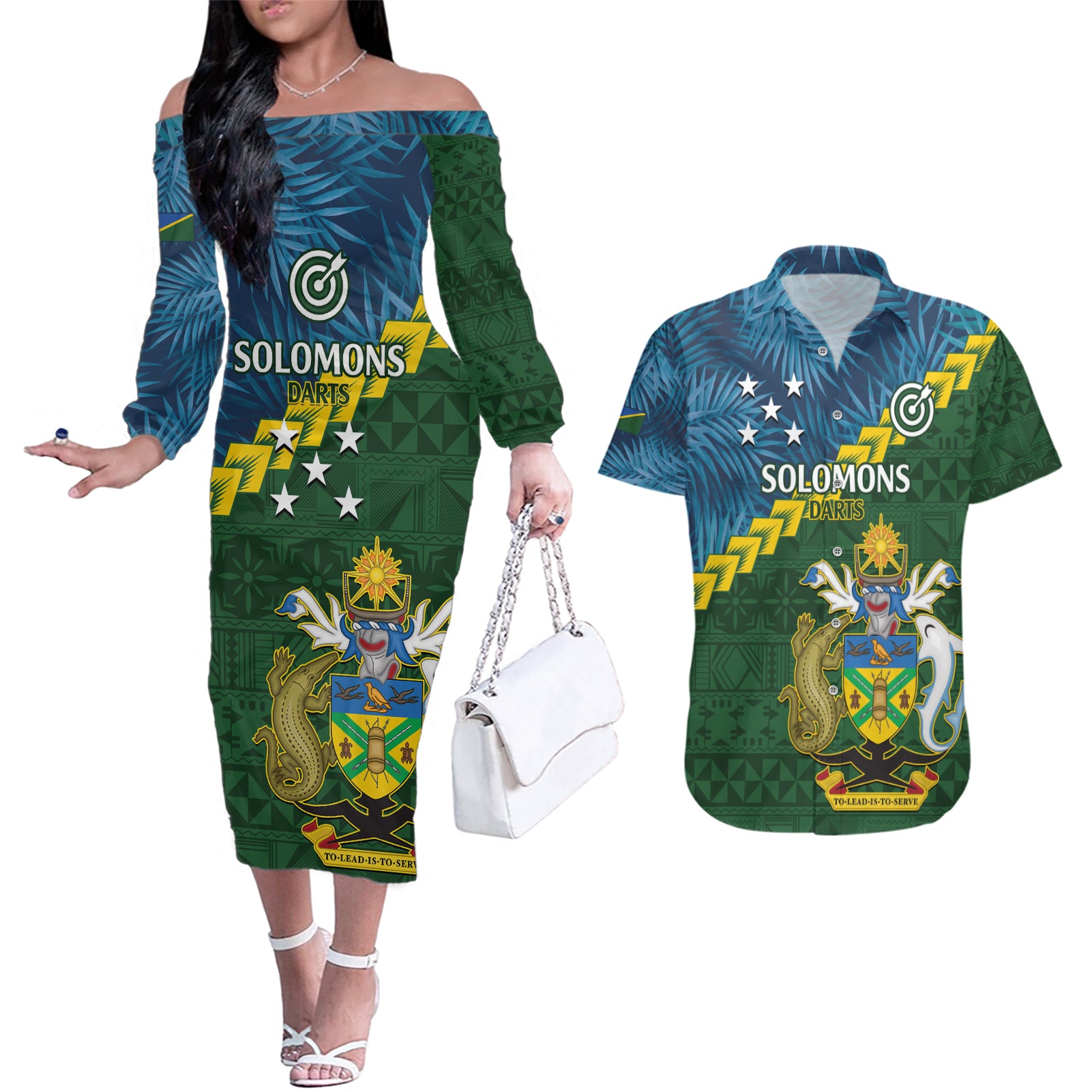 Personalised Solomon Islands Darts Couples Matching Off The Shoulder Long Sleeve Dress and Hawaiian Shirt Tropical Leaves Melanesian Pattern