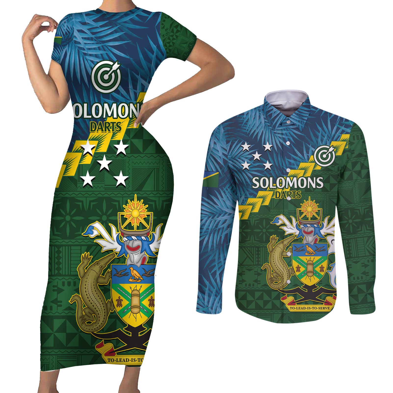 Personalised Solomon Islands Darts Couples Matching Short Sleeve Bodycon Dress and Long Sleeve Button Shirt Tropical Leaves Melanesian Pattern