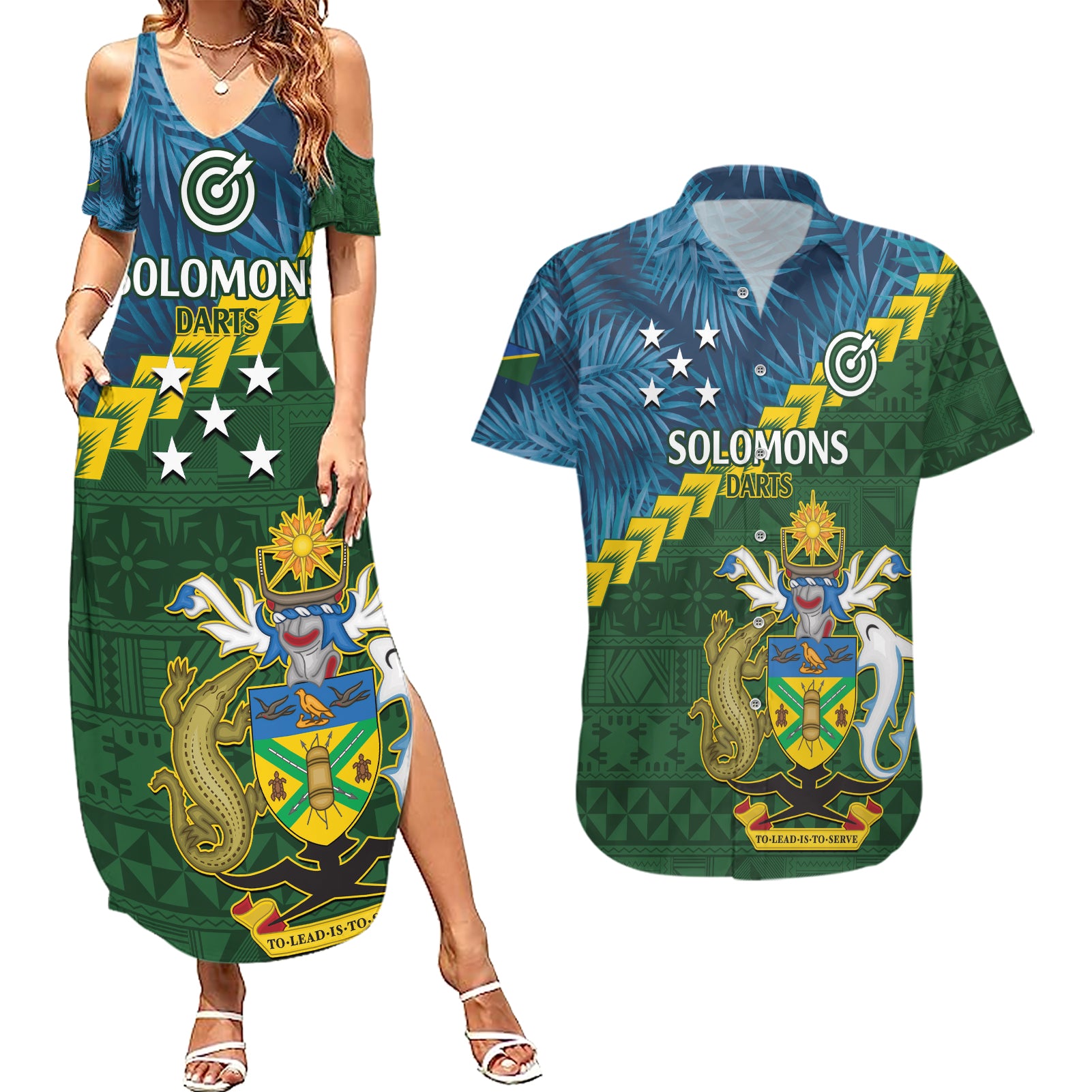 Personalised Solomon Islands Darts Couples Matching Summer Maxi Dress and Hawaiian Shirt Tropical Leaves Melanesian Pattern