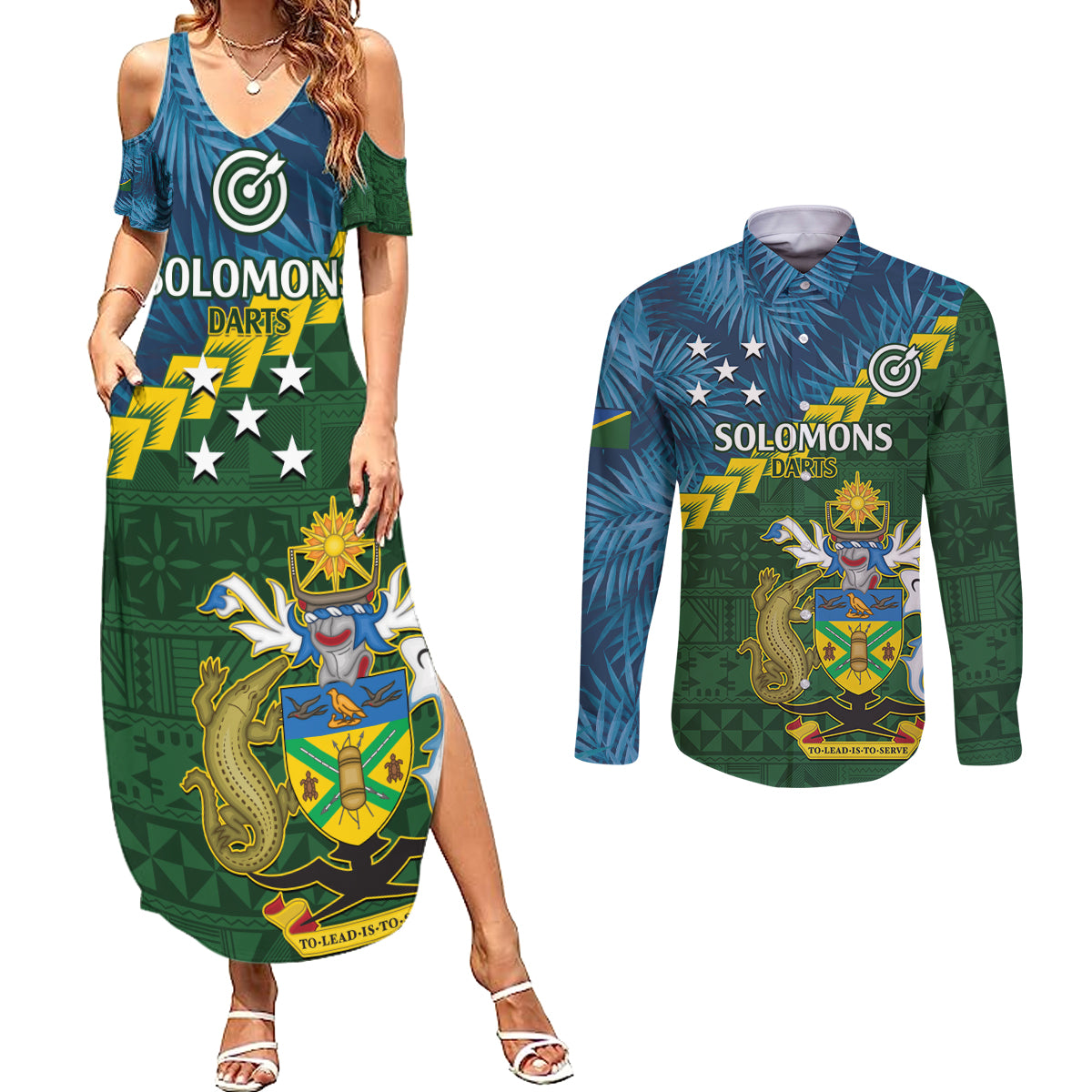 Personalised Solomon Islands Darts Couples Matching Summer Maxi Dress and Long Sleeve Button Shirt Tropical Leaves Melanesian Pattern