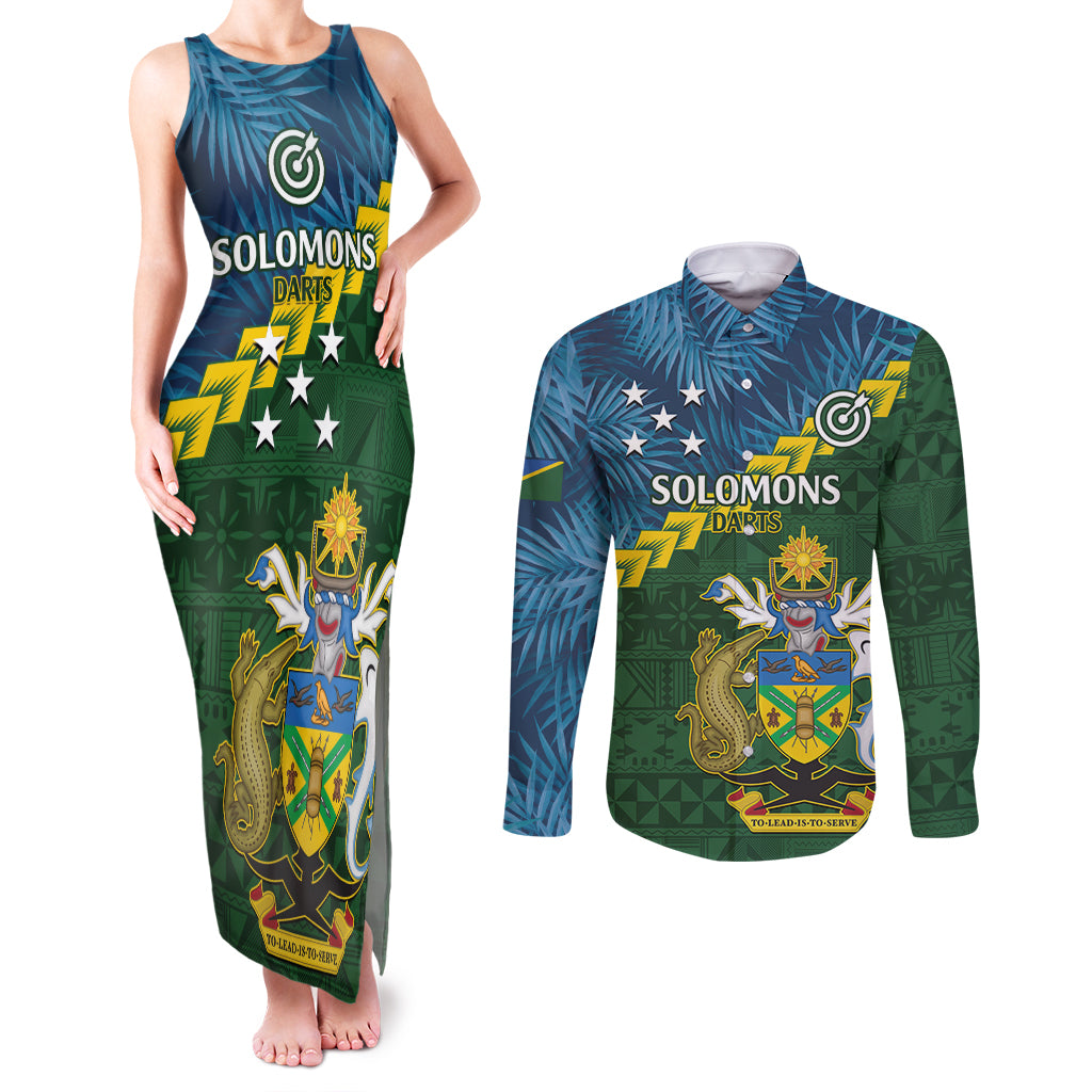 Personalised Solomon Islands Darts Couples Matching Tank Maxi Dress and Long Sleeve Button Shirt Tropical Leaves Melanesian Pattern