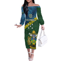 Personalised Solomon Islands Darts Family Matching Off The Shoulder Long Sleeve Dress and Hawaiian Shirt Tropical Leaves Melanesian Pattern