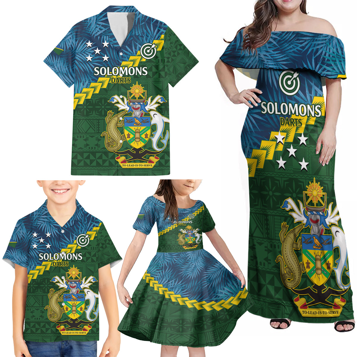 Personalised Solomon Islands Darts Family Matching Off Shoulder Maxi Dress and Hawaiian Shirt Tropical Leaves Melanesian Pattern