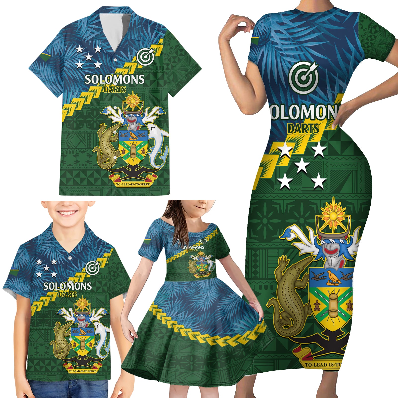 Personalised Solomon Islands Darts Family Matching Short Sleeve Bodycon Dress and Hawaiian Shirt Tropical Leaves Melanesian Pattern