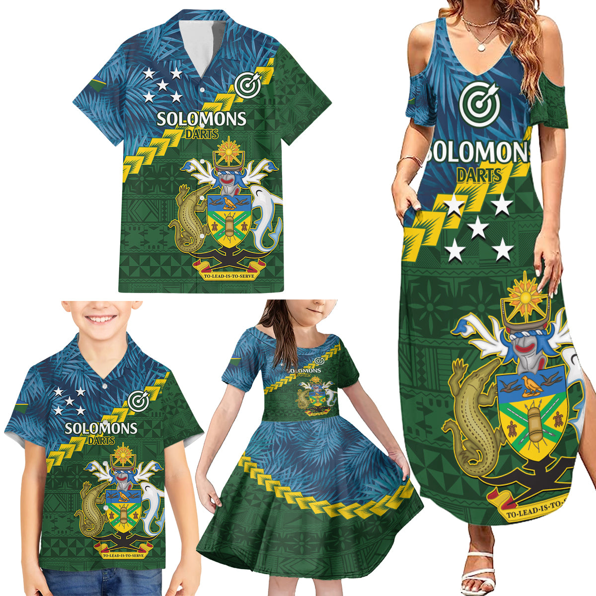 Personalised Solomon Islands Darts Family Matching Summer Maxi Dress and Hawaiian Shirt Tropical Leaves Melanesian Pattern