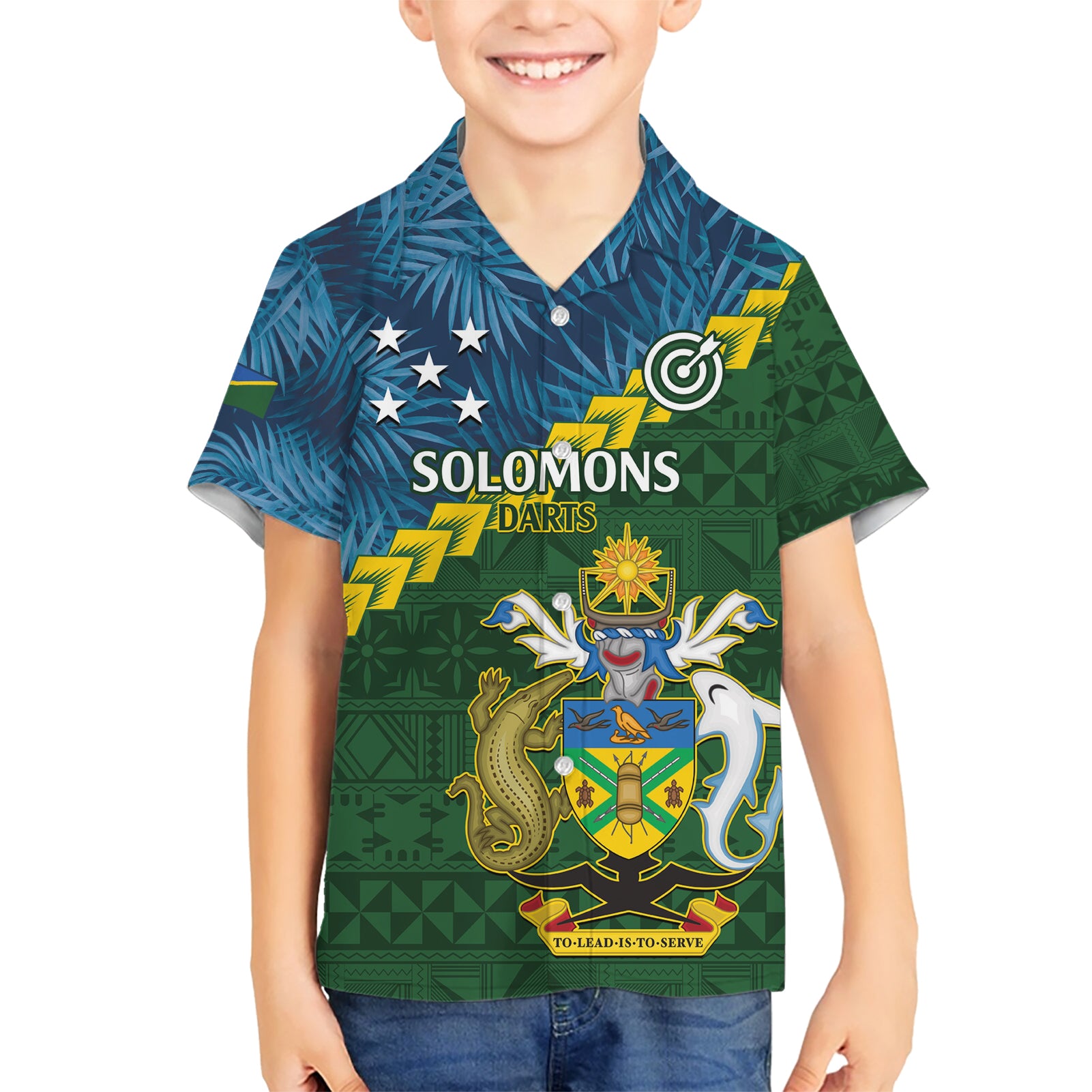 Personalised Solomon Islands Darts Kid Hawaiian Shirt Tropical Leaves Melanesian Pattern