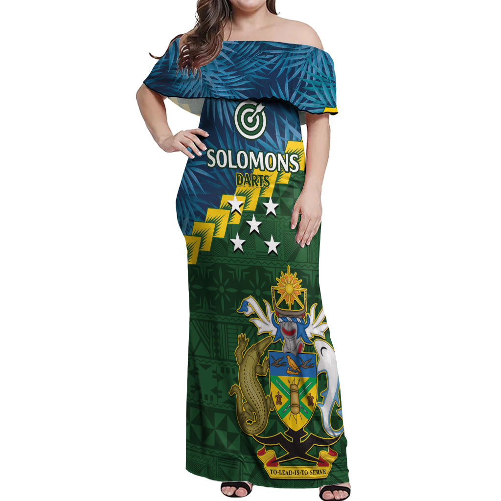 Personalised Solomon Islands Darts Off Shoulder Maxi Dress Tropical Leaves Melanesian Pattern