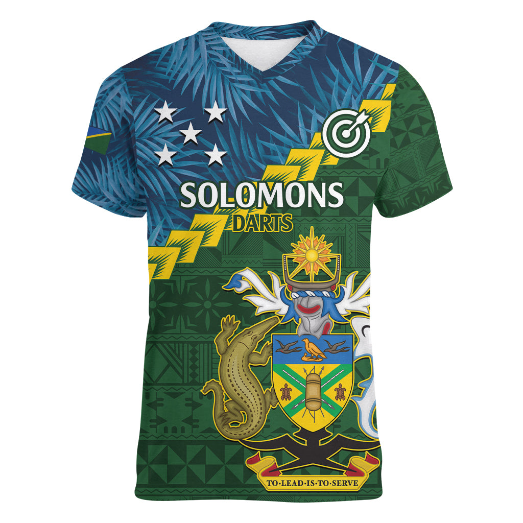 Personalised Solomon Islands Darts Women V-Neck T-Shirt Tropical Leaves Melanesian Pattern