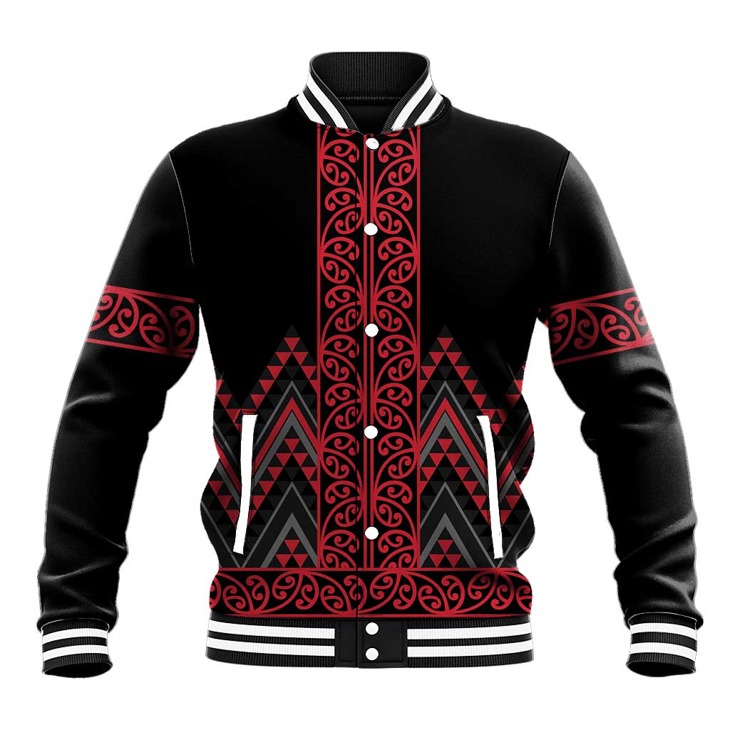 Red Aotearoa Mangopare Kowhaiwhai and Niho Taniwha Baseball Jacket Maori New Zealand