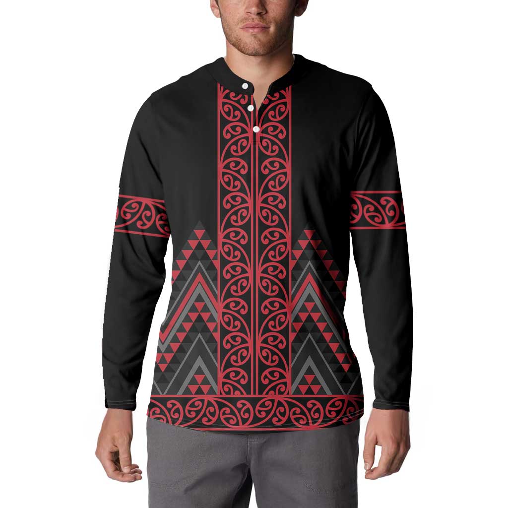 Red Aotearoa Mangopare Kowhaiwhai and Niho Taniwha Button Sweatshirt Maori New Zealand
