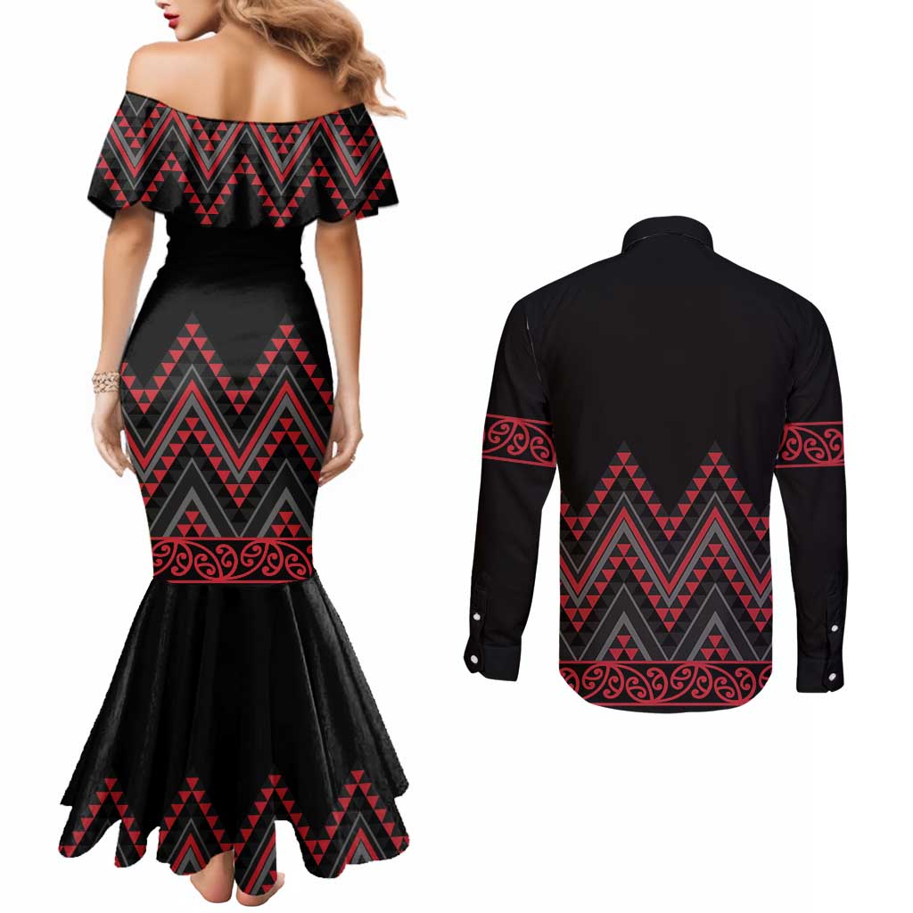 Red Aotearoa Mangopare Kowhaiwhai and Niho Taniwha Couples Matching Mermaid Dress and Long Sleeve Button Shirt Maori New Zealand