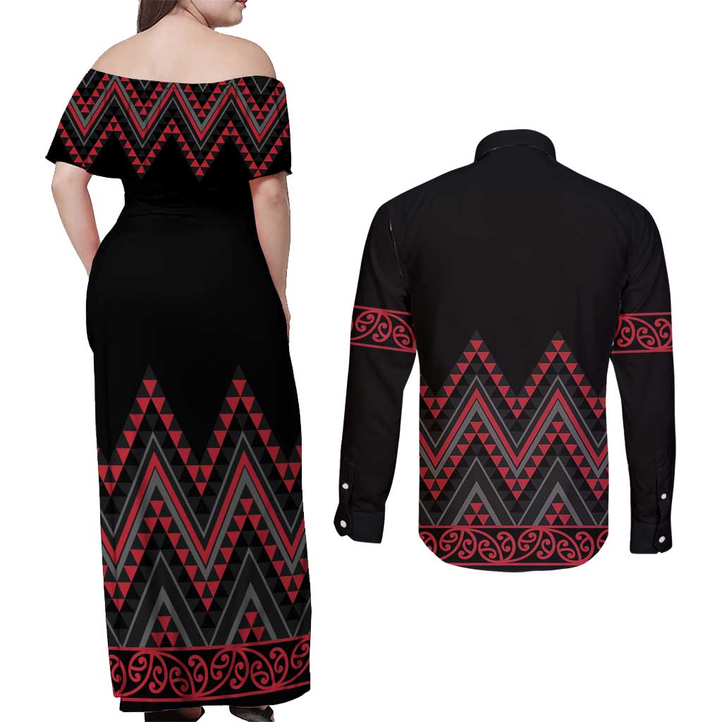 Red Aotearoa Mangopare Kowhaiwhai and Niho Taniwha Couples Matching Off Shoulder Maxi Dress and Long Sleeve Button Shirt Maori New Zealand