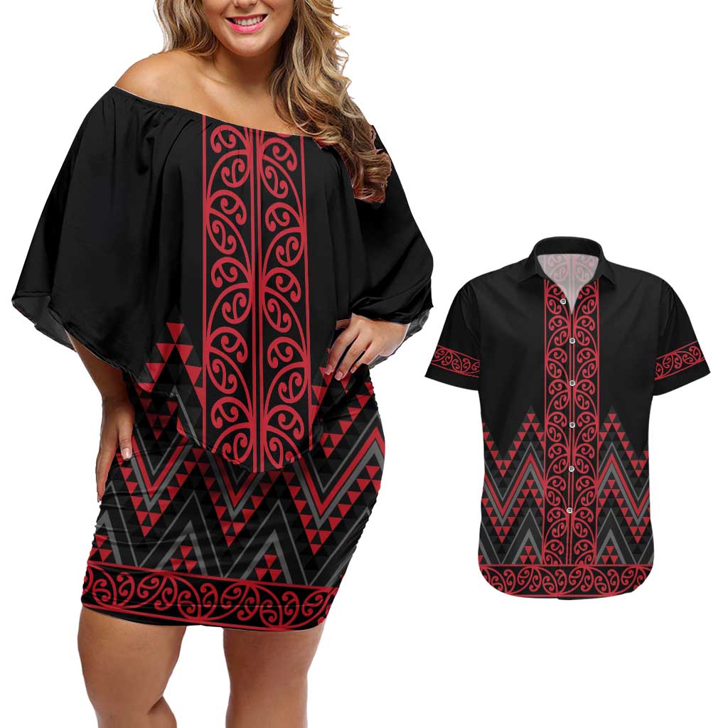 Red Aotearoa Mangopare Kowhaiwhai and Niho Taniwha Couples Matching Off Shoulder Short Dress and Hawaiian Shirt Maori New Zealand