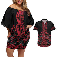 Red Aotearoa Mangopare Kowhaiwhai and Niho Taniwha Couples Matching Off Shoulder Short Dress and Hawaiian Shirt Maori New Zealand
