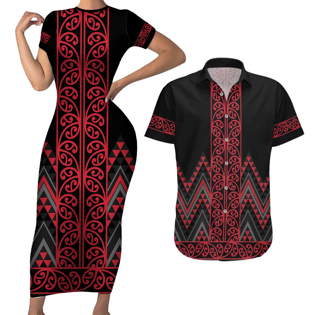 Red Aotearoa Mangopare Kowhaiwhai and Niho Taniwha Couples Matching Short Sleeve Bodycon Dress and Hawaiian Shirt Maori New Zealand