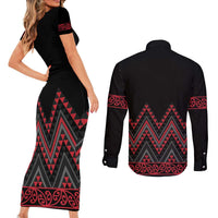 Red Aotearoa Mangopare Kowhaiwhai and Niho Taniwha Couples Matching Short Sleeve Bodycon Dress and Long Sleeve Button Shirt Maori New Zealand