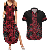 Red Aotearoa Mangopare Kowhaiwhai and Niho Taniwha Couples Matching Summer Maxi Dress and Hawaiian Shirt Maori New Zealand
