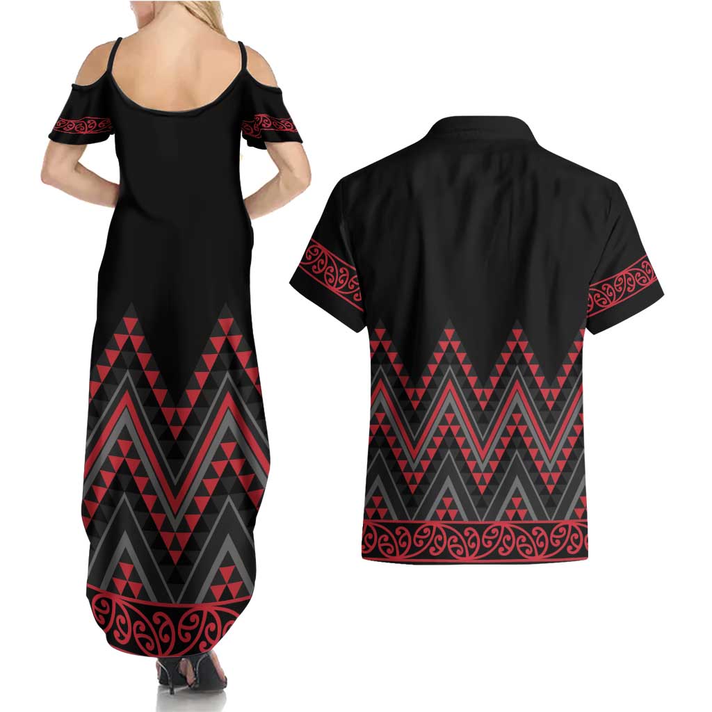 Red Aotearoa Mangopare Kowhaiwhai and Niho Taniwha Couples Matching Summer Maxi Dress and Hawaiian Shirt Maori New Zealand