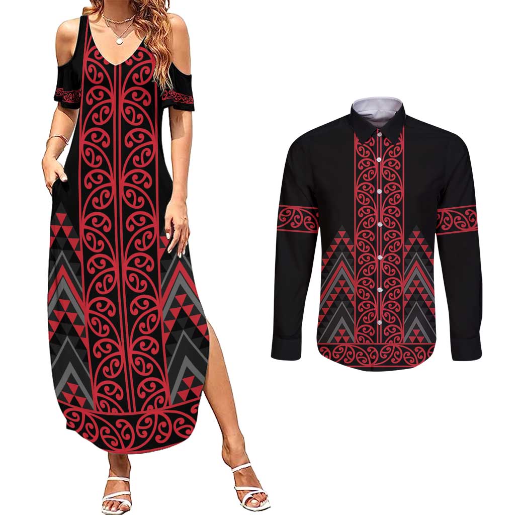 Red Aotearoa Mangopare Kowhaiwhai and Niho Taniwha Couples Matching Summer Maxi Dress and Long Sleeve Button Shirt Maori New Zealand