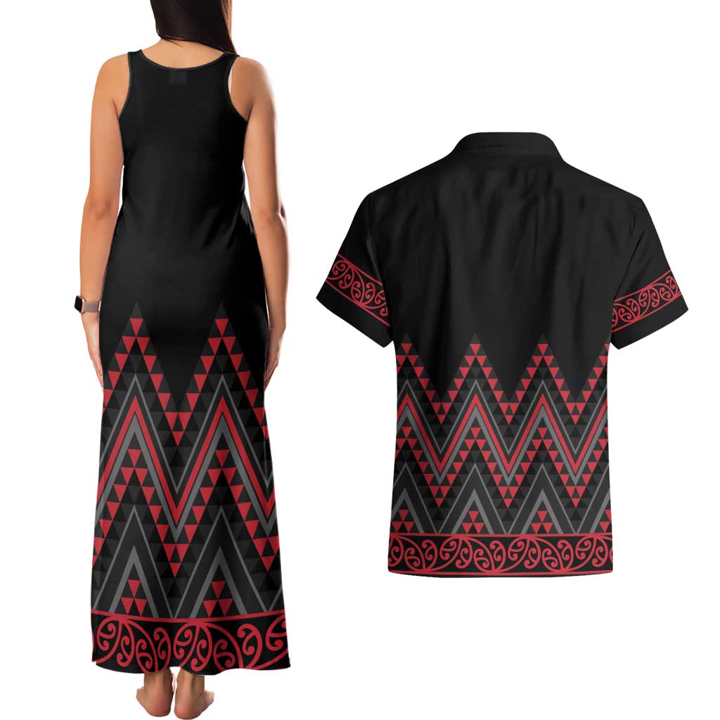 Red Aotearoa Mangopare Kowhaiwhai and Niho Taniwha Couples Matching Tank Maxi Dress and Hawaiian Shirt Maori New Zealand