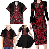 Red Aotearoa Mangopare Kowhaiwhai and Niho Taniwha Family Matching Long Sleeve Bodycon Dress and Hawaiian Shirt Maori New Zealand