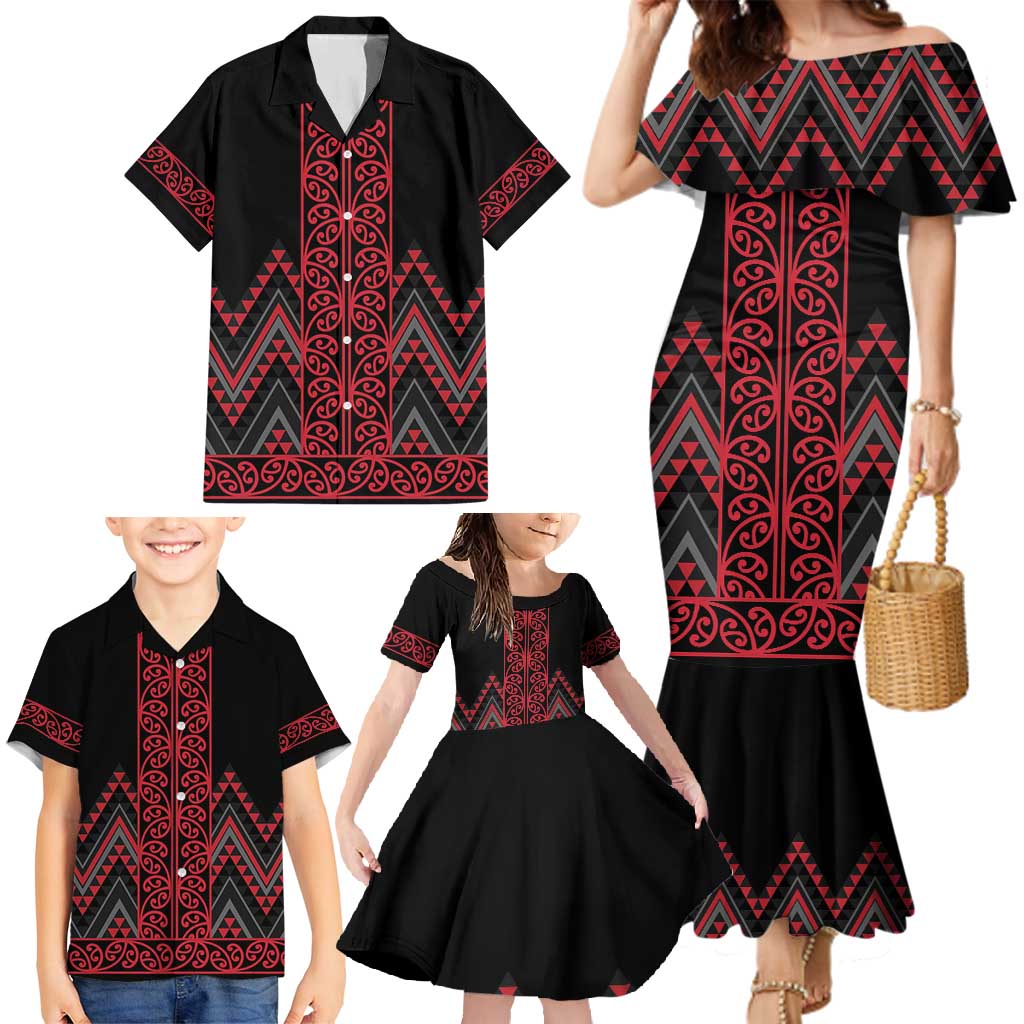 Red Aotearoa Mangopare Kowhaiwhai and Niho Taniwha Family Matching Mermaid Dress and Hawaiian Shirt Maori New Zealand