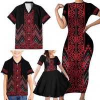 Red Aotearoa Mangopare Kowhaiwhai and Niho Taniwha Family Matching Short Sleeve Bodycon Dress and Hawaiian Shirt Maori New Zealand