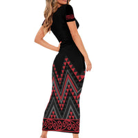 Red Aotearoa Mangopare Kowhaiwhai and Niho Taniwha Family Matching Short Sleeve Bodycon Dress and Hawaiian Shirt Maori New Zealand