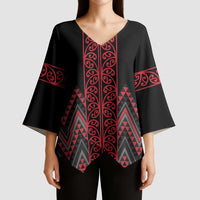 Red Aotearoa Mangopare Kowhaiwhai Niho Taniwha Kimono Sleeve Blouse Maori New Zealand - Polynesian Pride