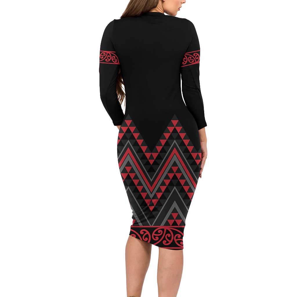 Red Aotearoa Mangopare Kowhaiwhai and Niho Taniwha Long Sleeve Bodycon Dress Maori New Zealand