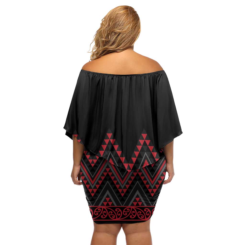 Red Aotearoa Mangopare Kowhaiwhai and Niho Taniwha Off Shoulder Short Dress Maori New Zealand