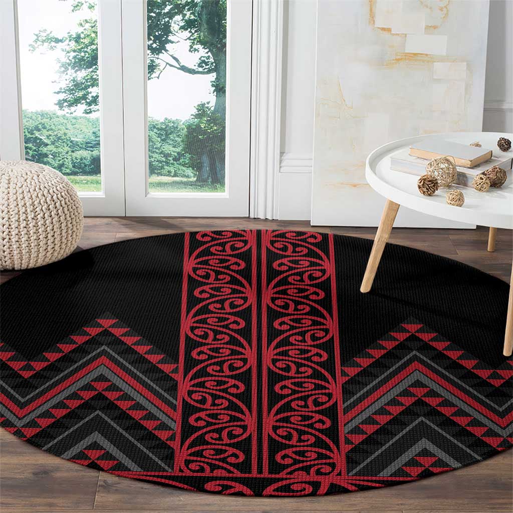 Red Aotearoa Mangopare Kowhaiwhai and Niho Taniwha Round Carpet Maori New Zealand