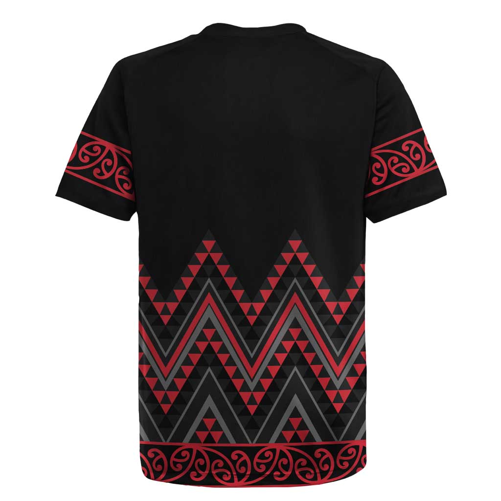 Red Aotearoa Mangopare Kowhaiwhai and Niho Taniwha Rugby Jersey Maori New Zealand