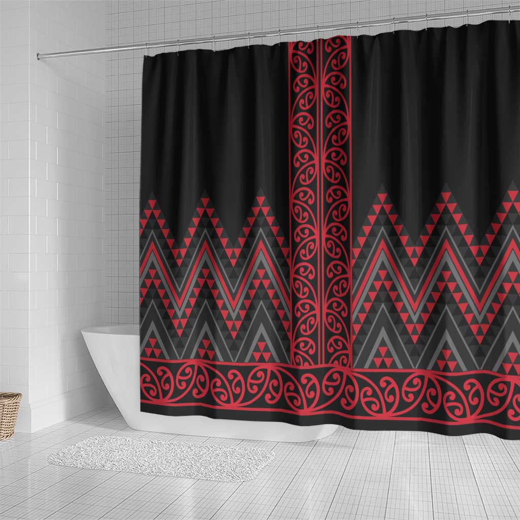 Red Aotearoa Mangopare Kowhaiwhai and Niho Taniwha Shower Curtain Maori New Zealand