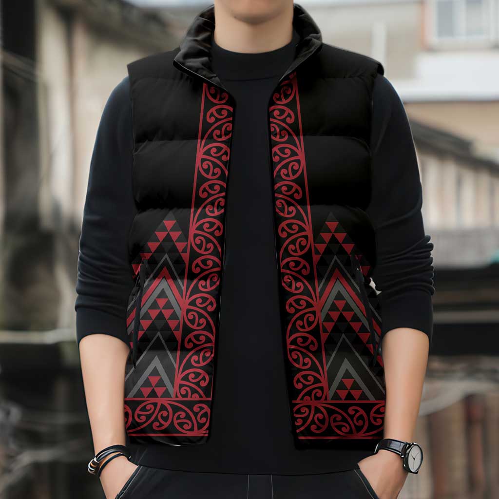 Red Aotearoa Mangopare Kowhaiwhai Niho Taniwha Sleeveless Puffer Jacket Maori New Zealand - Polynesian Pride