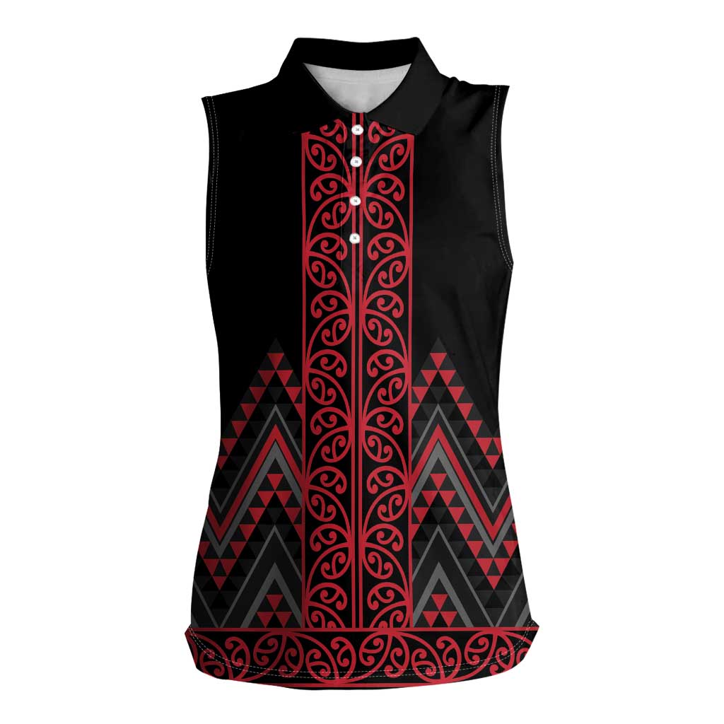 Red Aotearoa Mangopare Kowhaiwhai and Niho Taniwha Women Sleeveless Polo Shirt Maori New Zealand