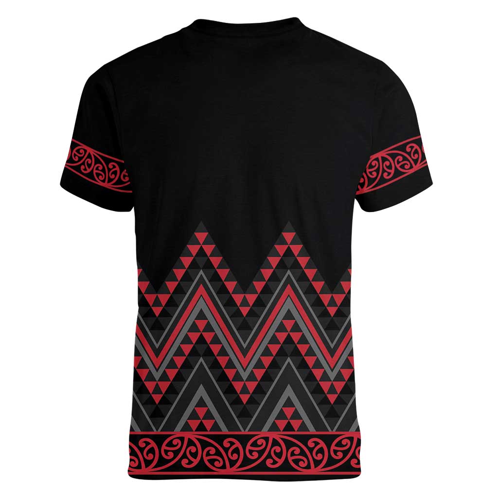 Red Aotearoa Mangopare Kowhaiwhai and Niho Taniwha Women V-Neck T-Shirt Maori New Zealand