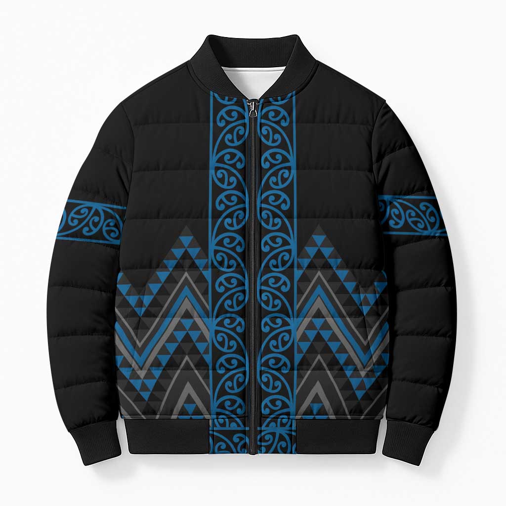 Blue Aotearoa Mangopare Kowhaiwhai Niho Taniwha Bomber Puffer Jacket Maori New Zealand - Polynesian Pride
