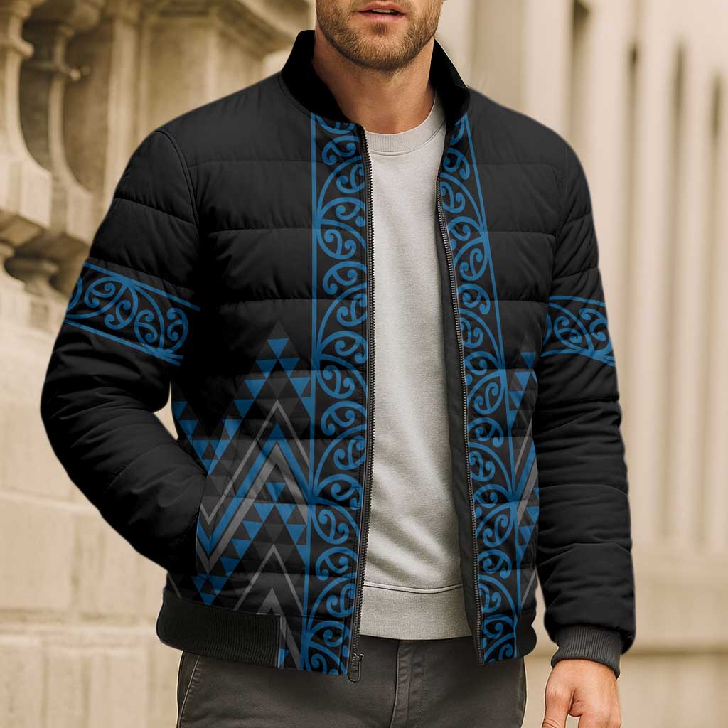 Blue Aotearoa Mangopare Kowhaiwhai Niho Taniwha Bomber Puffer Jacket Maori New Zealand - Polynesian Pride